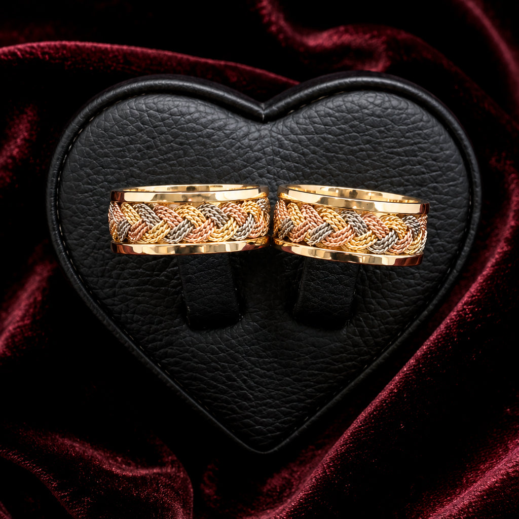 Aros de Matrimonio Trenza Tricolor en Oro 18K
